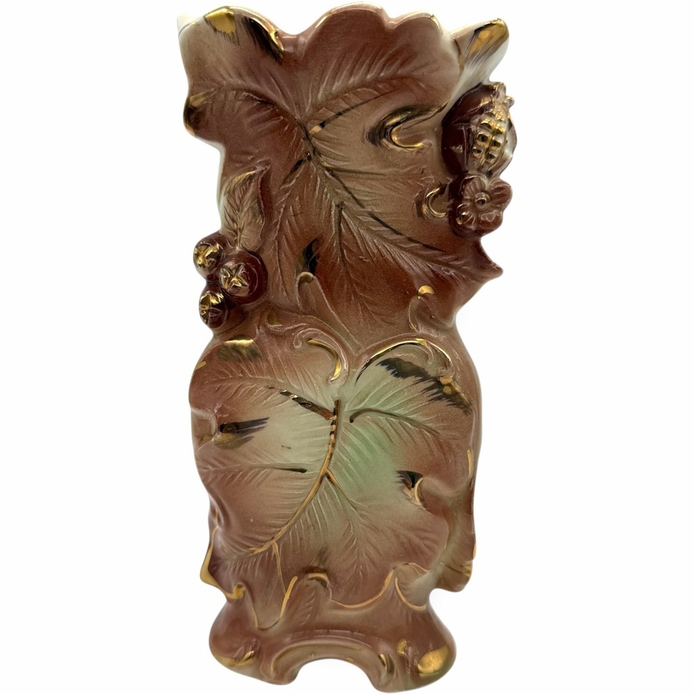 Vtg Golden Acorn Accessories Brown Gold Leaf Vase Japan Mid-Century Thanksgiving